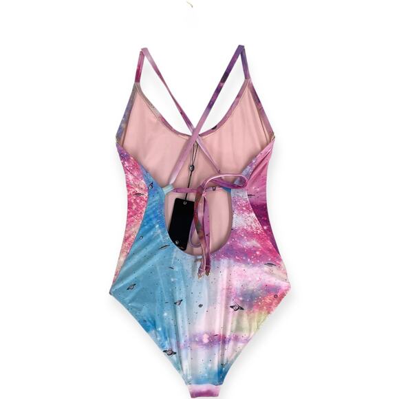 Wildfox Pink Space Cadet Galaxy Blue Print One Piece Tie Dye Festival NWT Small - Picture 2 of 14
